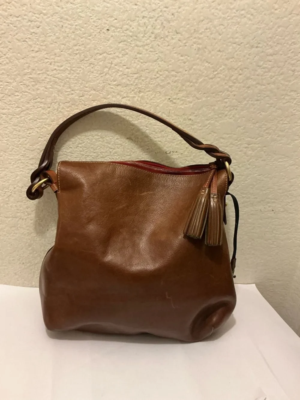 Dooney & Bourke Natural Brown Florentine Leather Hobo with Braided Strap! GUC!!